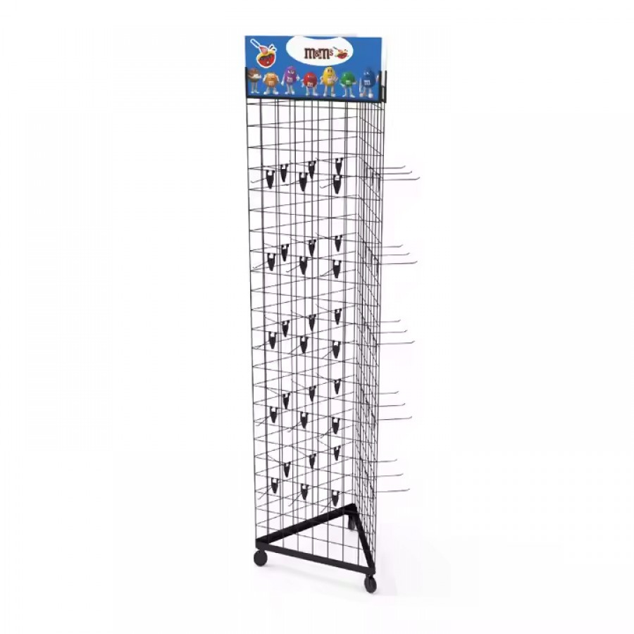 Easy Metal Three Sided Movable Grid Hook Floor Display Rack Stand for Supermarkets