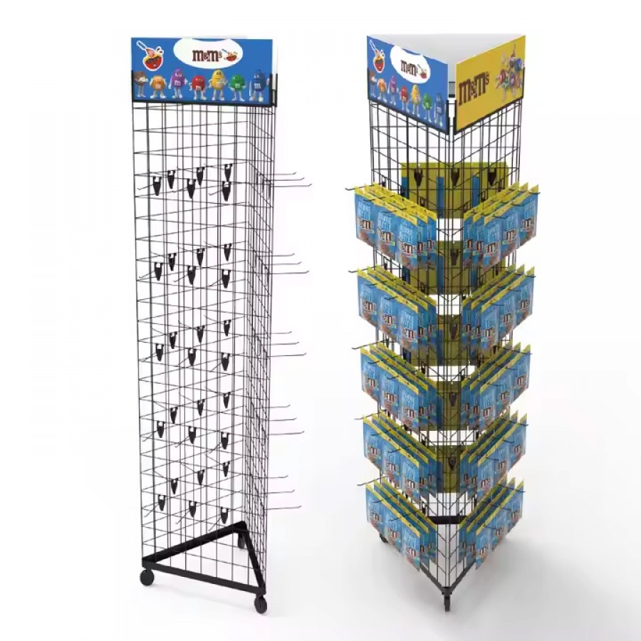 Easy Metal Three Sided Movable Grid Hook Floor Display Rack Stand for Supermarkets