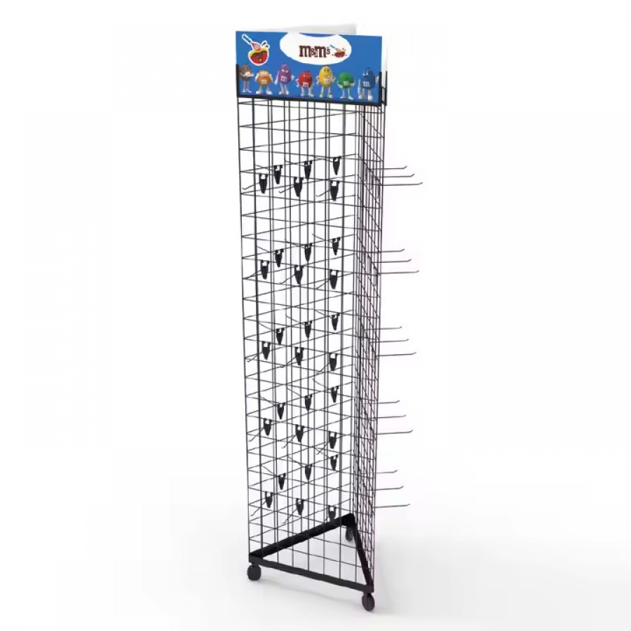 Easy Metal Three Sided Movable Grid Hook Floor Display Rack Stand for Supermarkets