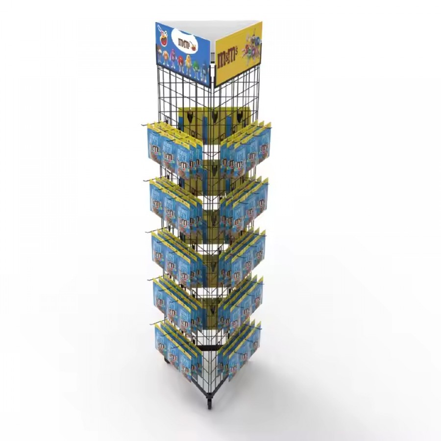 Easy Metal Three Sided Movable Grid Hook Floor Display Rack Stand for Supermarkets