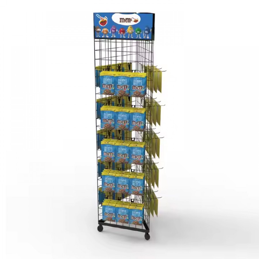 Easy Metal Three Sided Movable Grid Hook Floor Display Rack Stand for Supermarkets